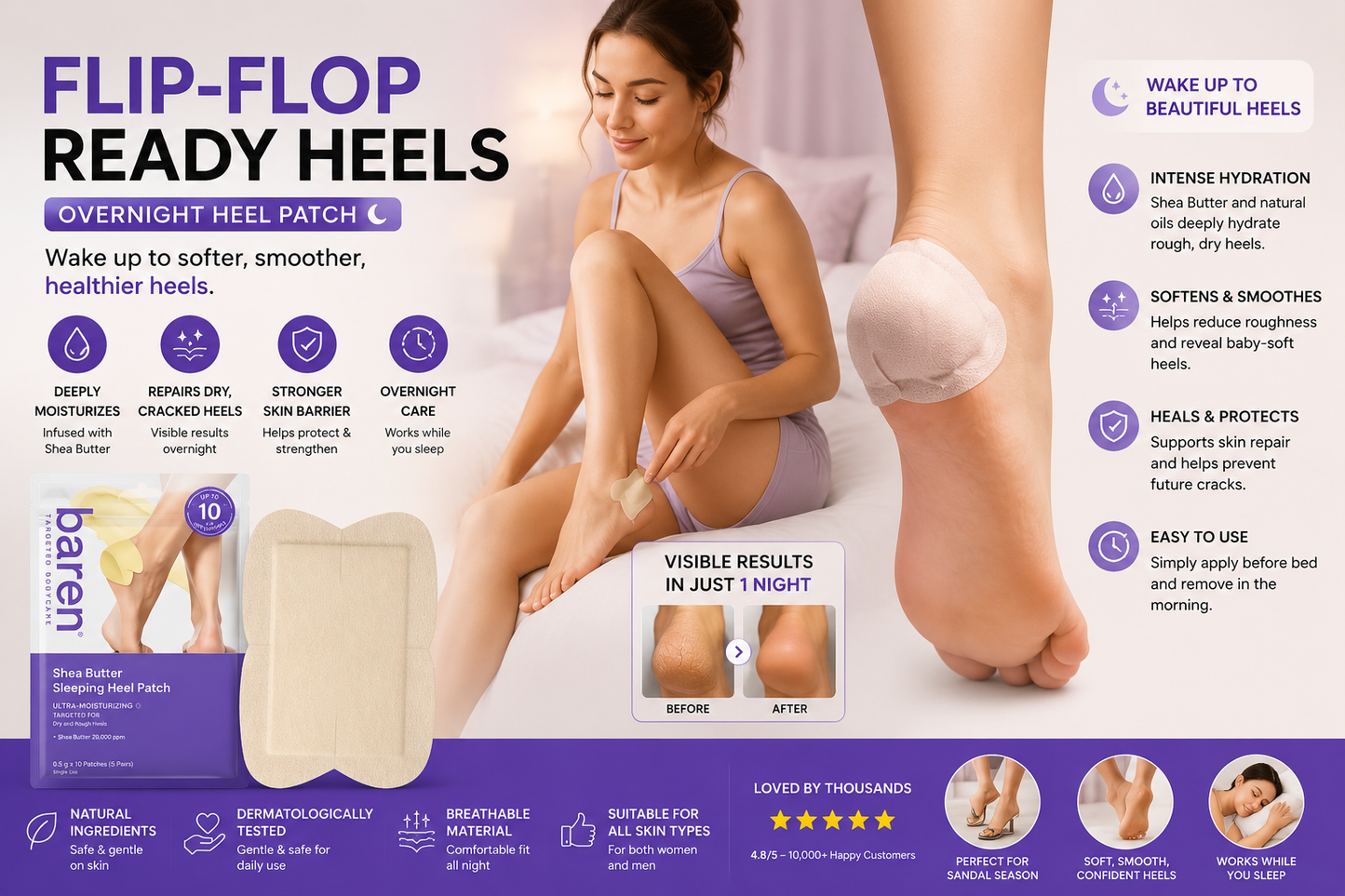 Baren Shea Butter Heel Patch, Overnight Cracked Heel Foot Mask